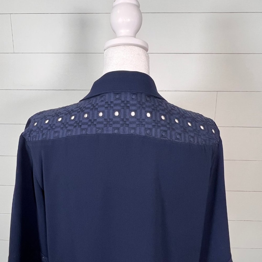 Karl Lagerfeld Eyelet Embellished Navy Blue Midi Sheath Dress Size M - Picture 9 of 12